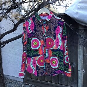Vintage 90s Colorful Patchwork Print Button Up Shirt Womens Large Psychedelic